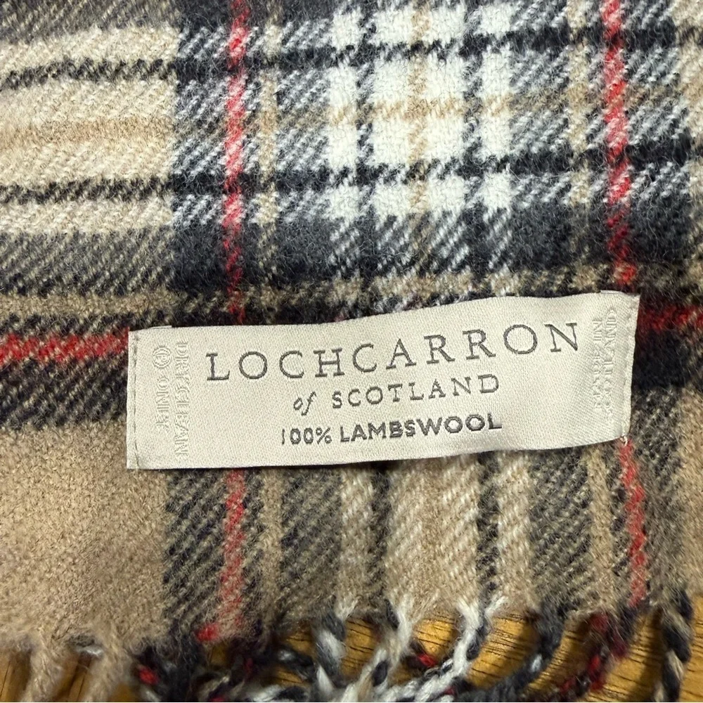 Lochcarron of Scotland 100% Lambs Wool Beige and Black Checkered Scarf 62 inches